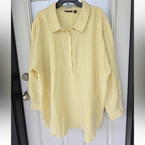 Susan Graver Weekend Tunic Yarn Dyed Check Shirt Yellow 3X Plus Button Up - Picture 11 of 13